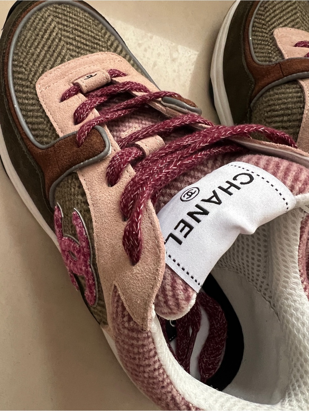 CHANEL Pink Olive and Brown Mixed-Material Women's Sneakers - Picture 5 of 7